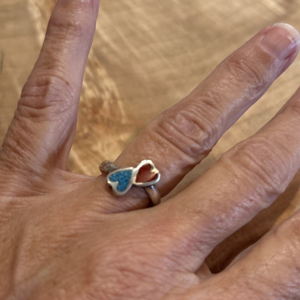 NATIVE AMERICAN NAVAJO STERLING SILVER TURQUOISE & JASPER DOUBLE HEART RING